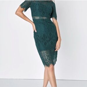 NWT - Lulu's Remarkable Forest Green Sheer Lace Short Sleeve Mini Dress Size XS